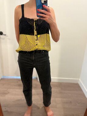 Vintage Yellow Tank Blouse with Black Lace Bodice, Size 4